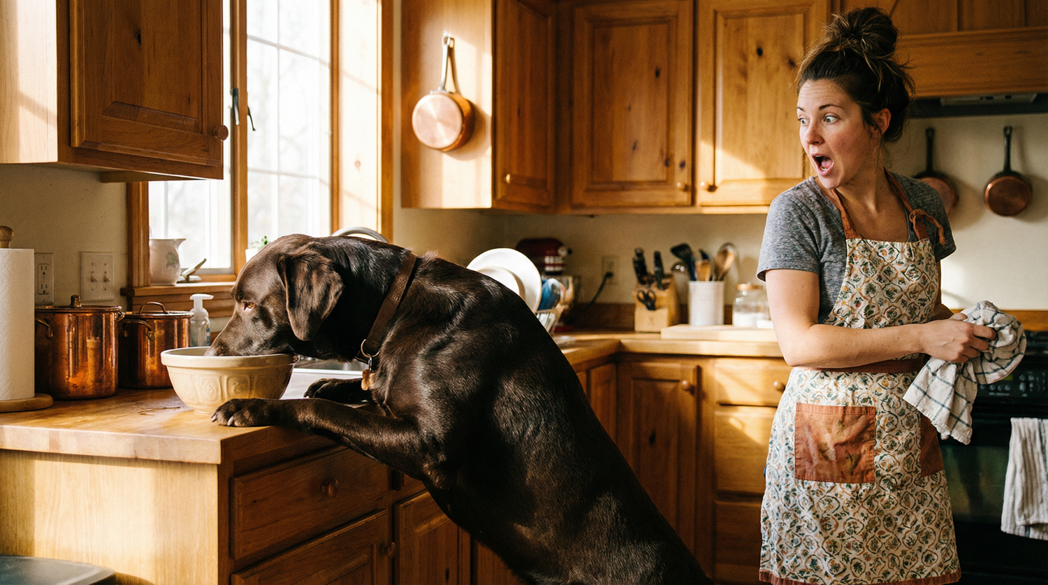 Chocolate lab counter surfing in kitchen while owner reacts