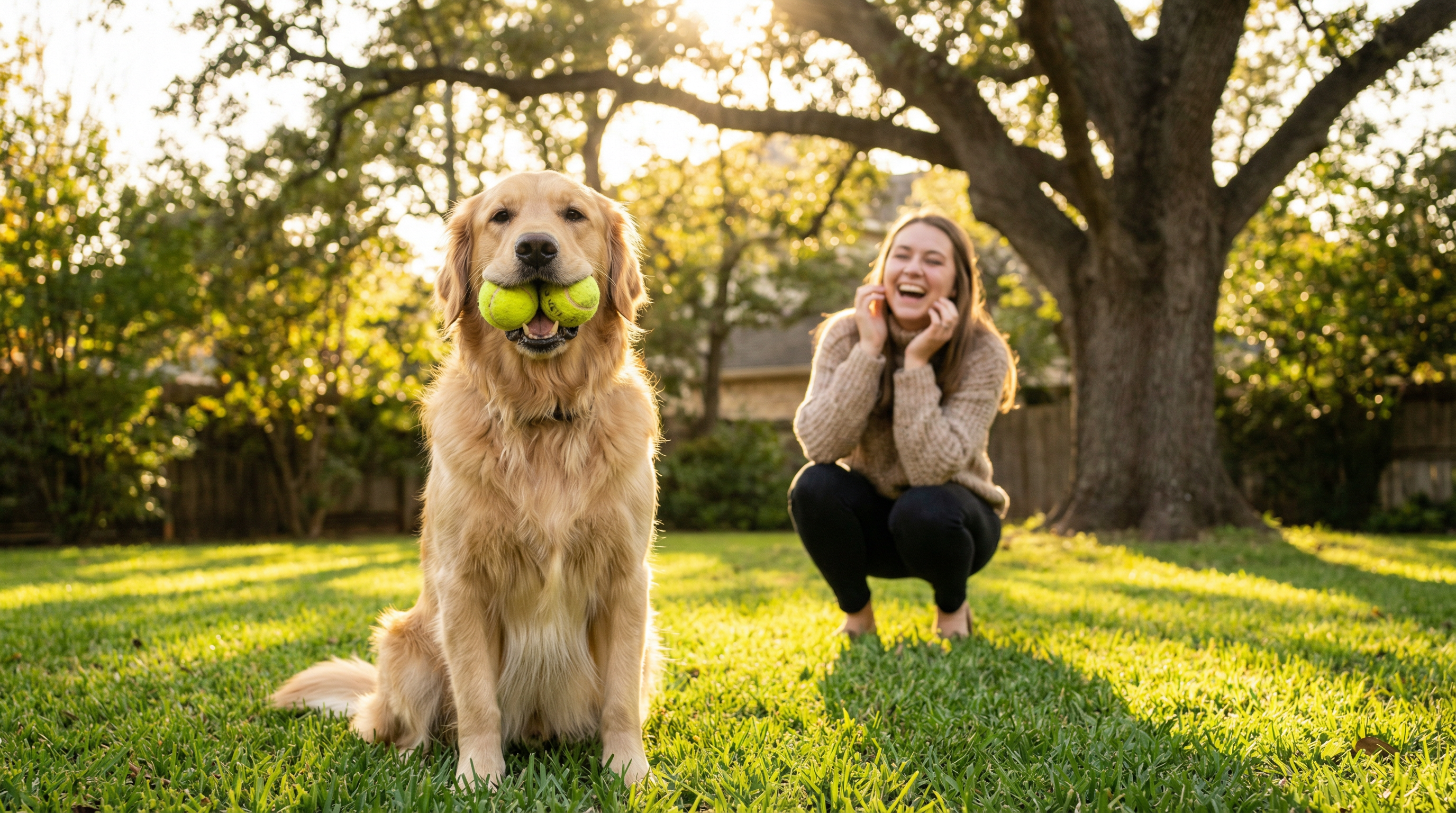 Golden retriever with tennis balls in mouth while owner laughs