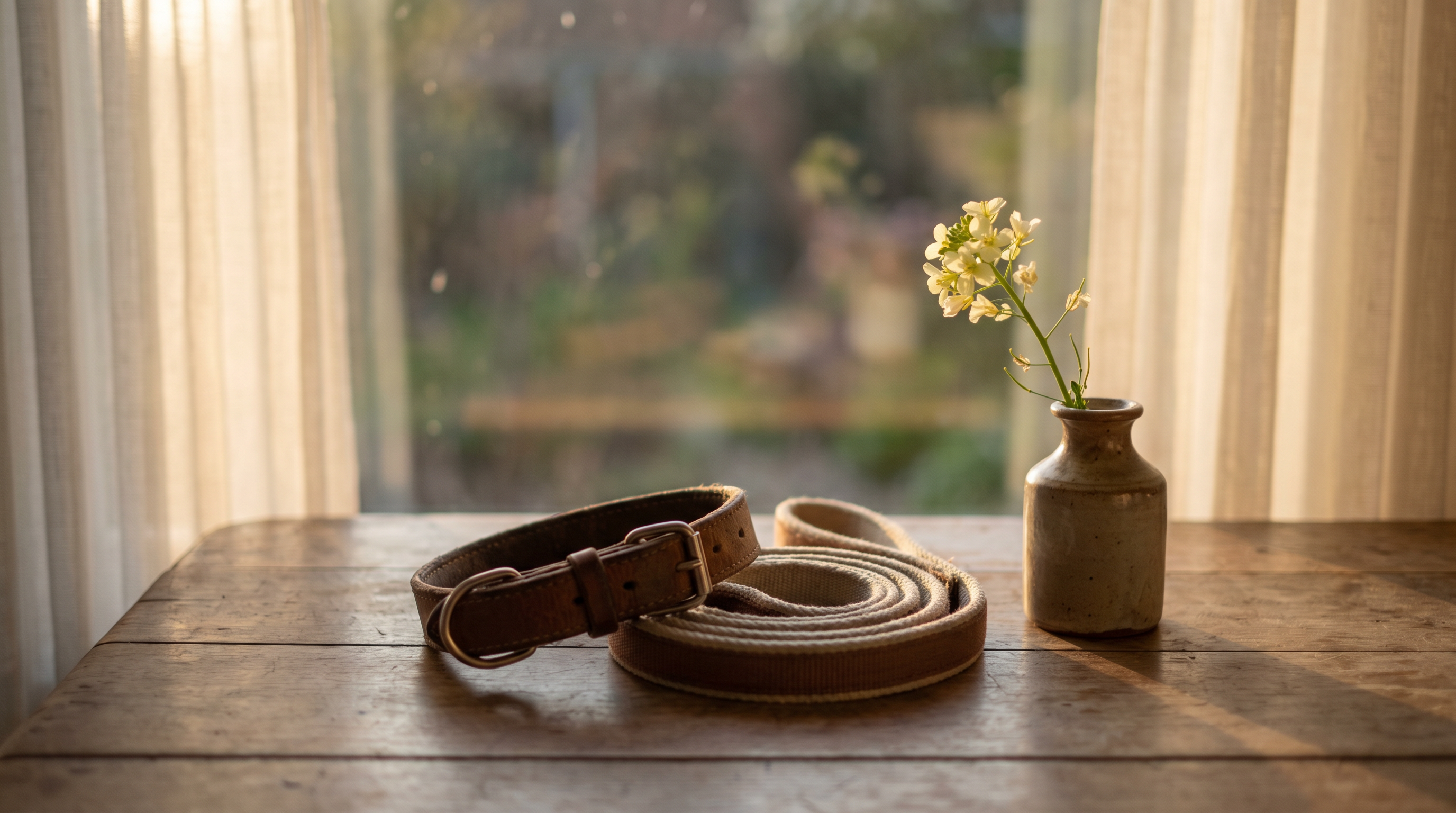 Dog collar and leash resting on table with wildflower - gift for someone who lost a dog