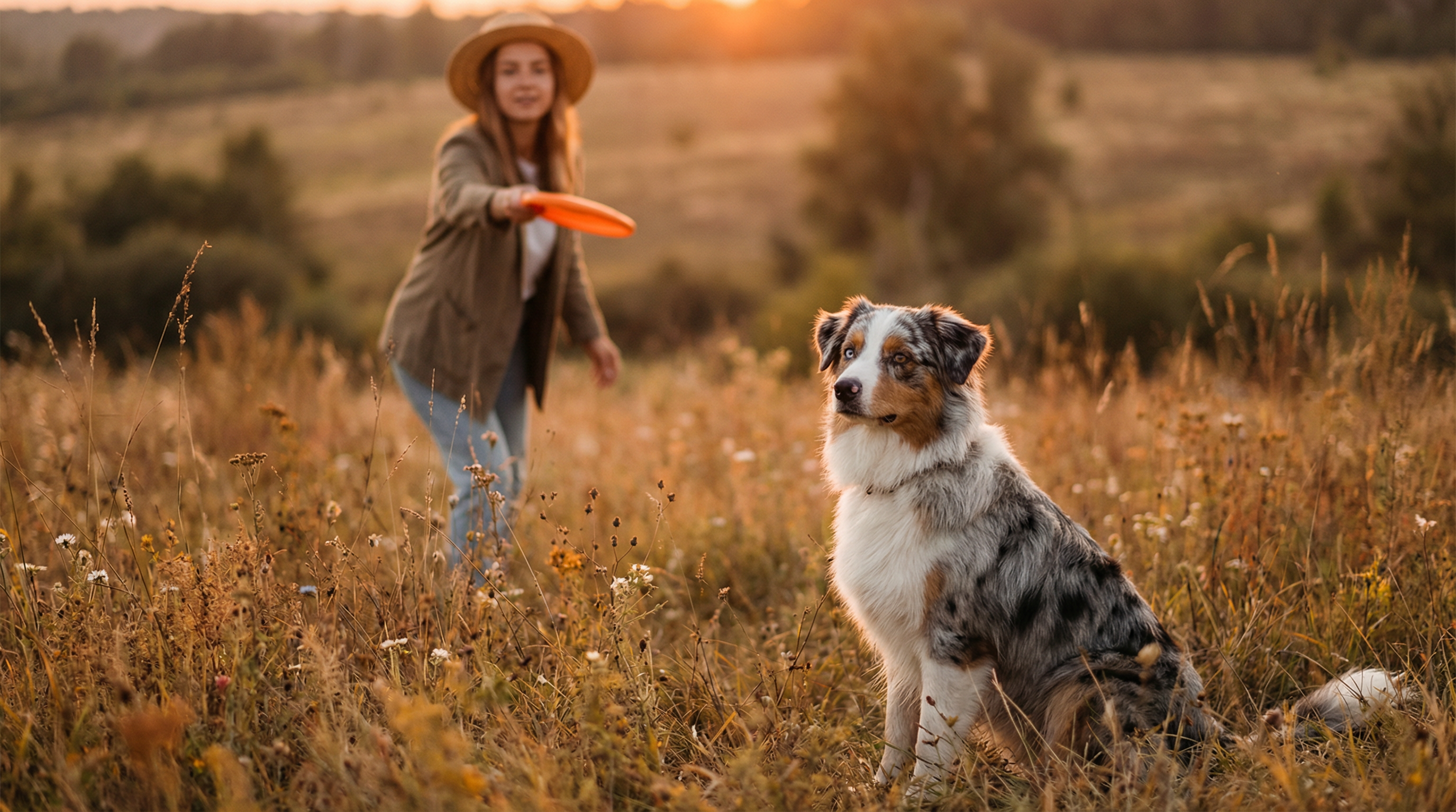 Australian shepherd with heterochromia eyes in golden meadow with owner and frisbee