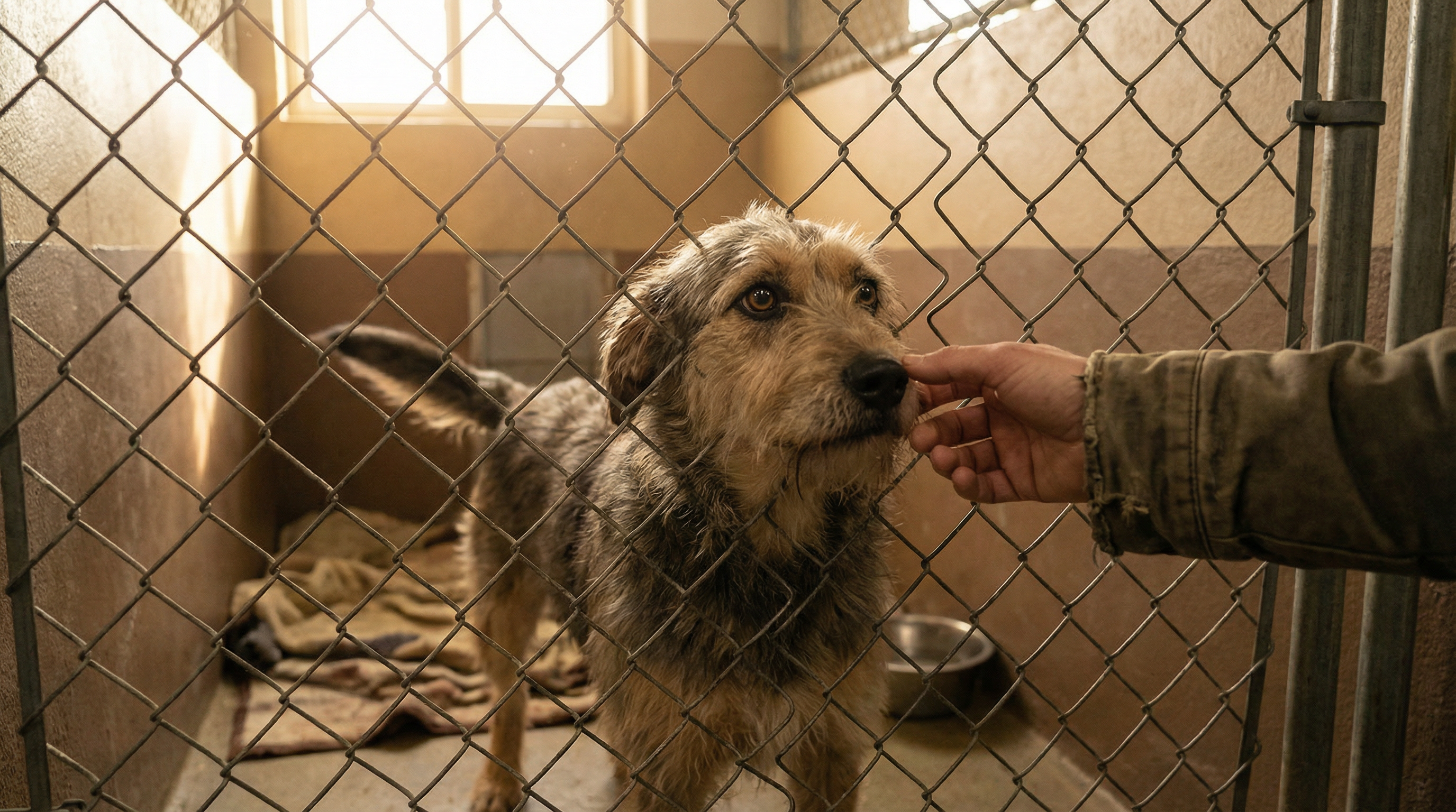 Dog adoption statistics - rescue dog in shelter being petted through kennel fence