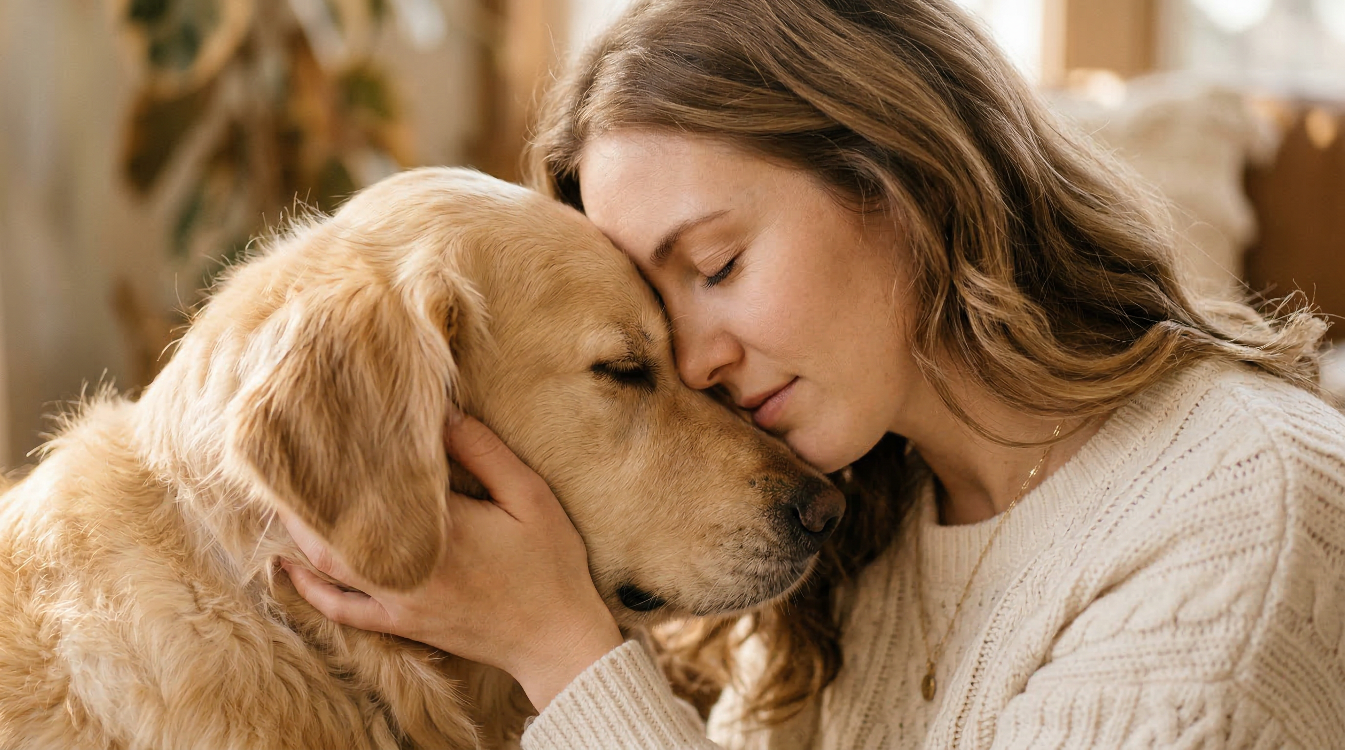 Dog mom quotes - woman embracing her golden retriever in tender moment