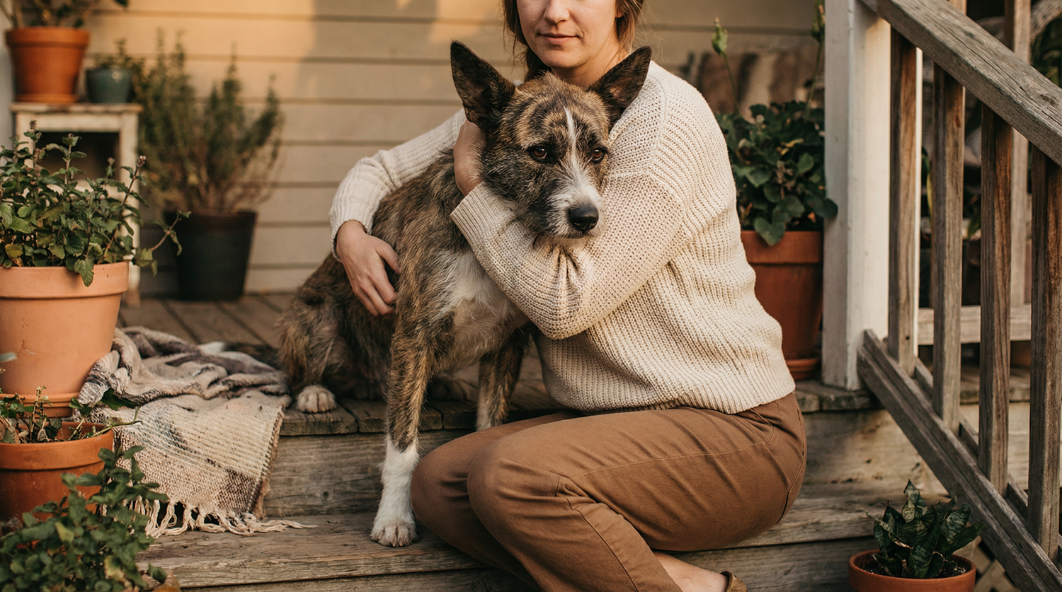 Rescue dog mom hugging mixed breed rescue dog on front porch