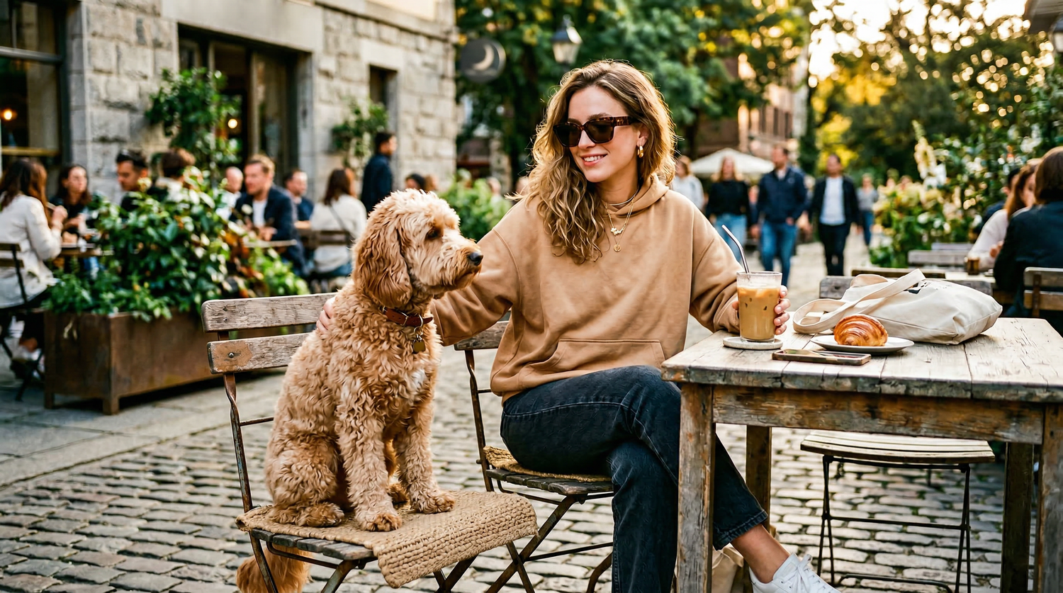 The dog mom aesthetic - stylish woman at outdoor cafe with her dog
