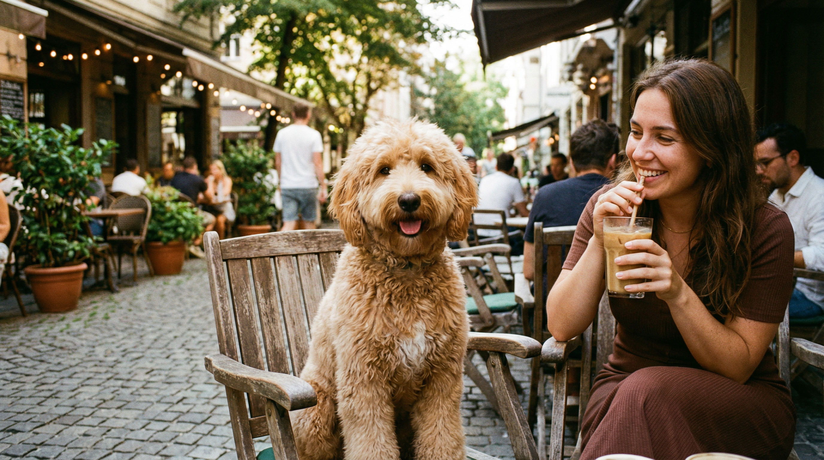 Goldendoodle sitting at outdoor cafe with owner drinking iced coffee