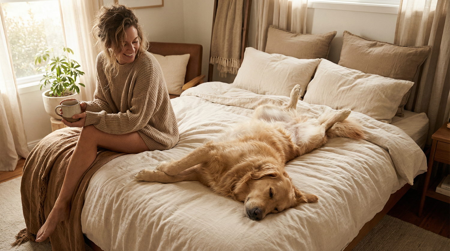 Signs you are a dog mom - golden retriever sprawled across bed while woman drinks coffee