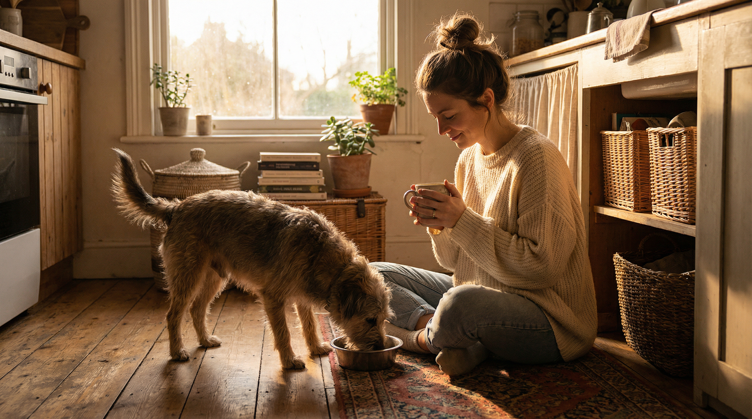 The real dog mom lifestyle - woman on kitchen floor with coffee while dog eats breakfast at dawn