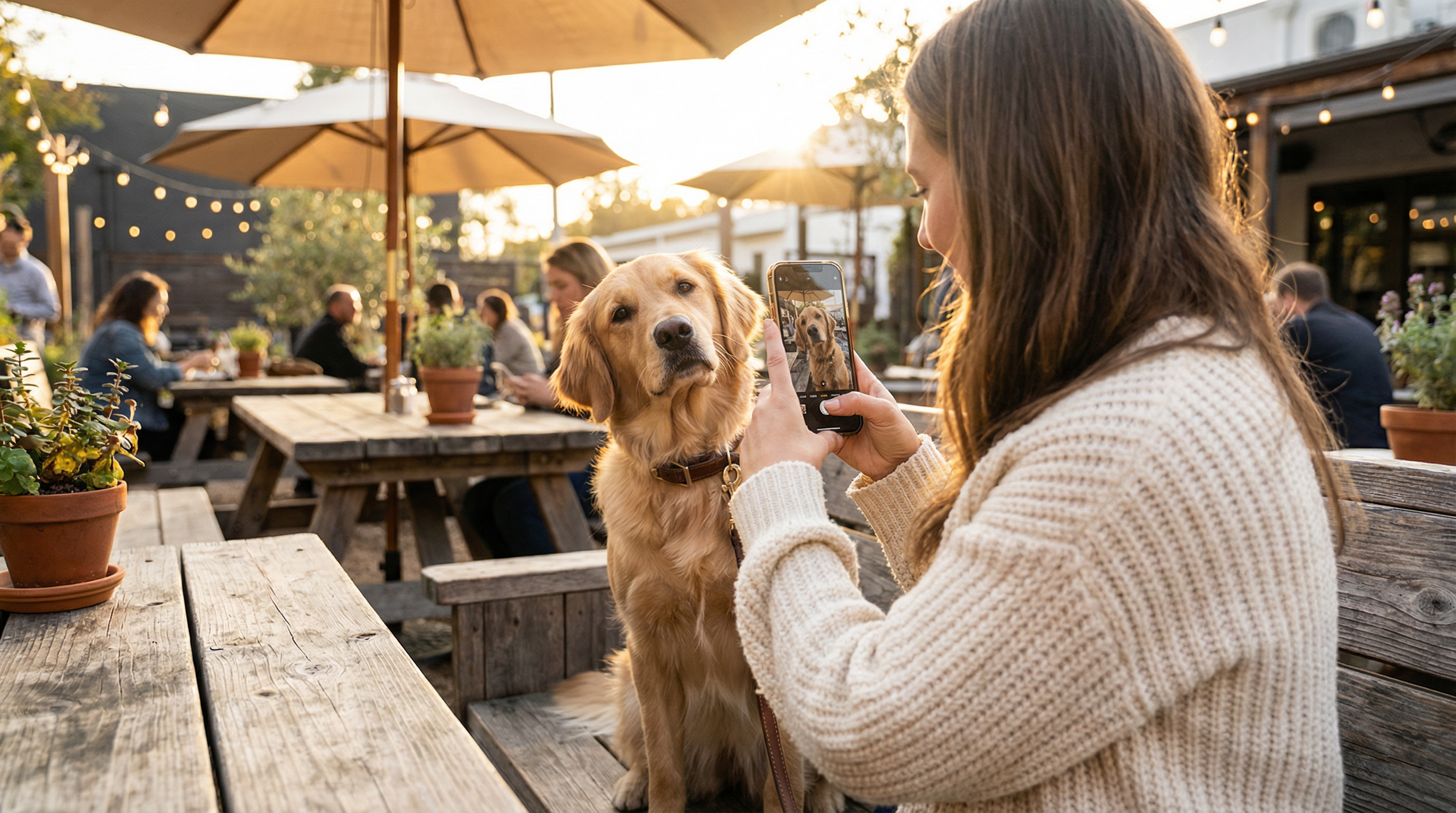 Woman taking photo of her golden retriever at outdoor cafe - dog mom instagram captions