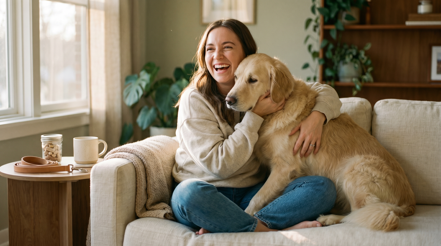 Woman laughing while hugging her golden retriever on a couch, wrapped in a cream sweatshirt in warm window light