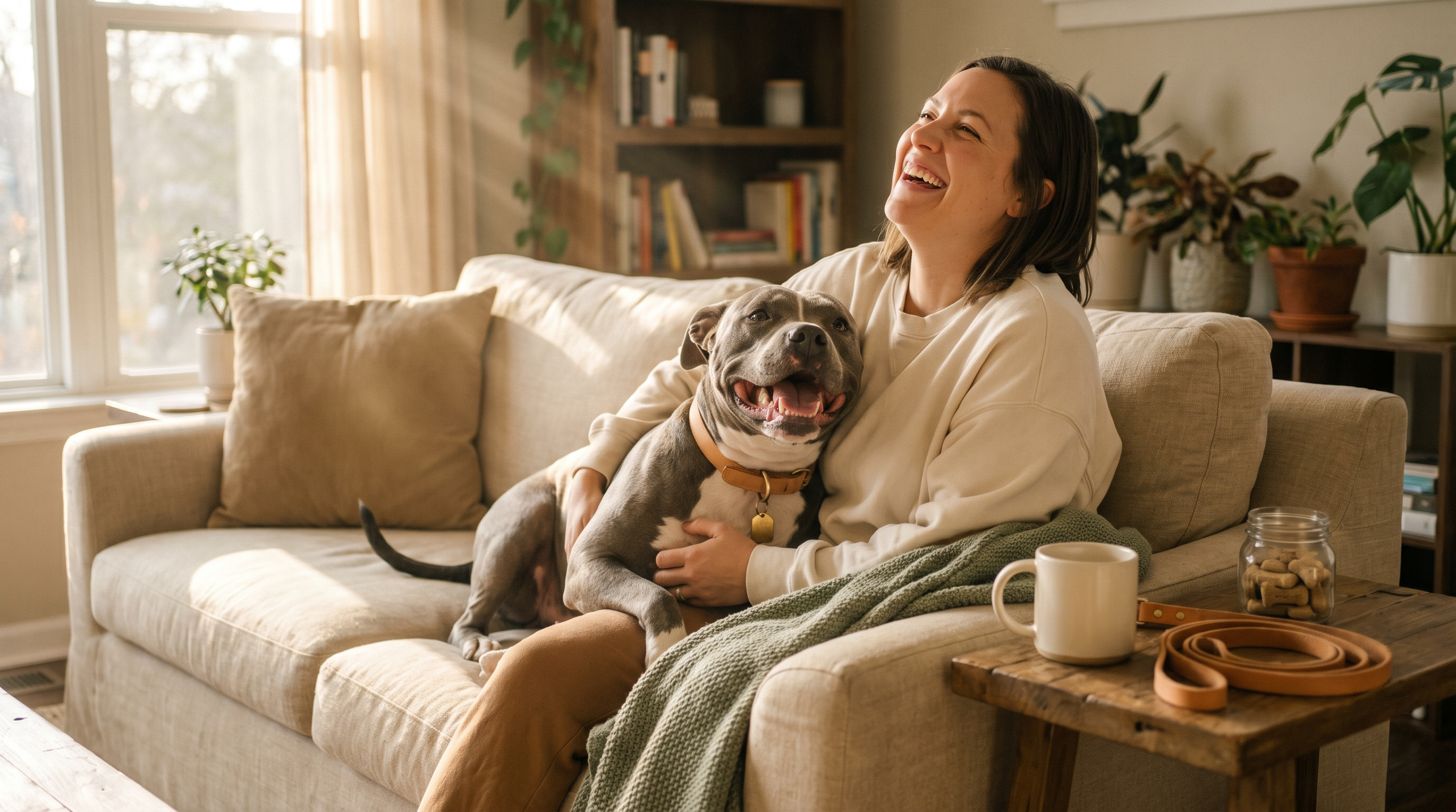 Woman laughing on a beige couch with her gray pitbull leaning happily into her lap in warm afternoon light