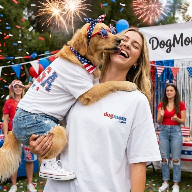 Woman holding a dog with 'DogMom.com' shirt at a festive outdoor event with decorations and people in the background.