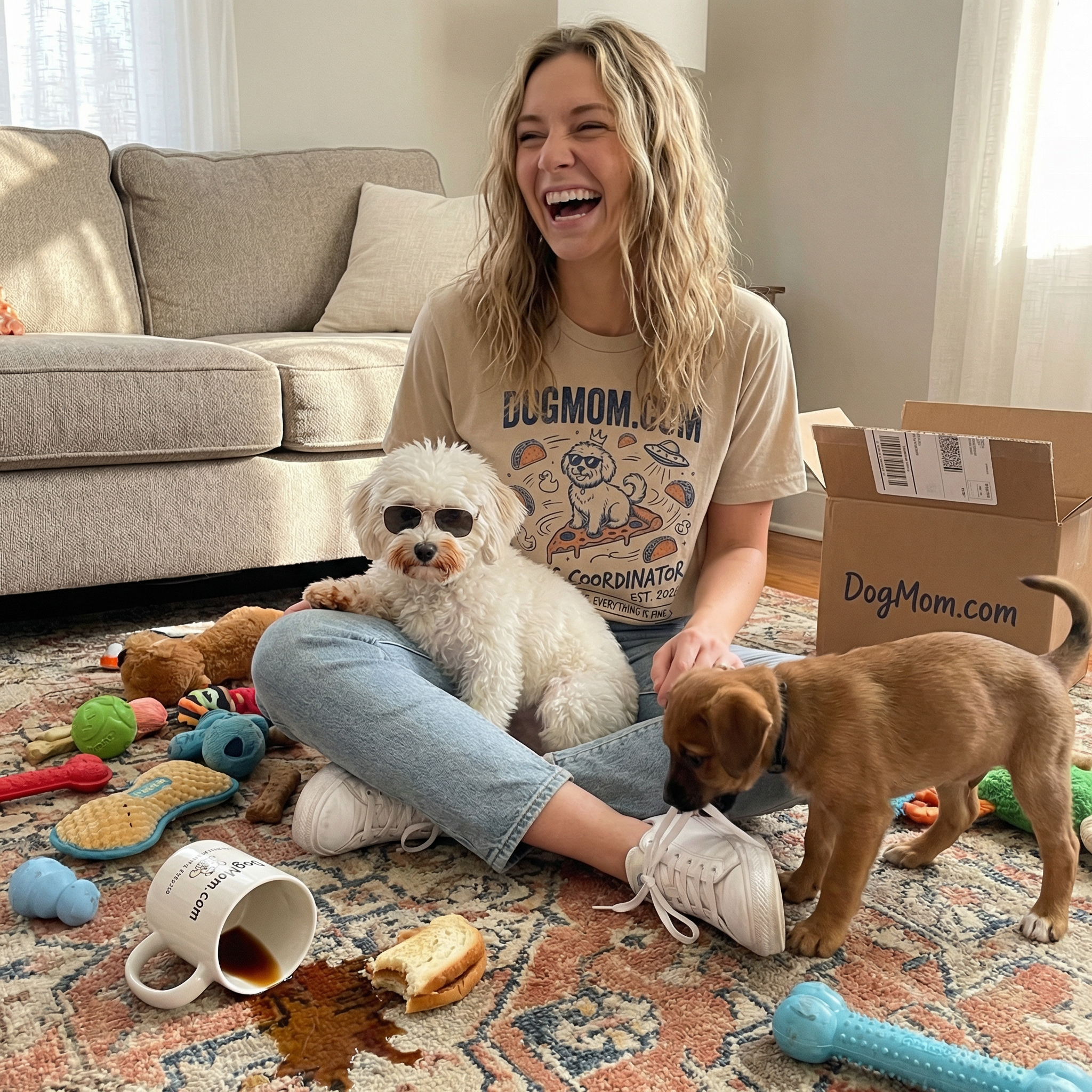 Dog mom sitting on floor with puppies in adorable chaos wearing Chaos Coordinator tee