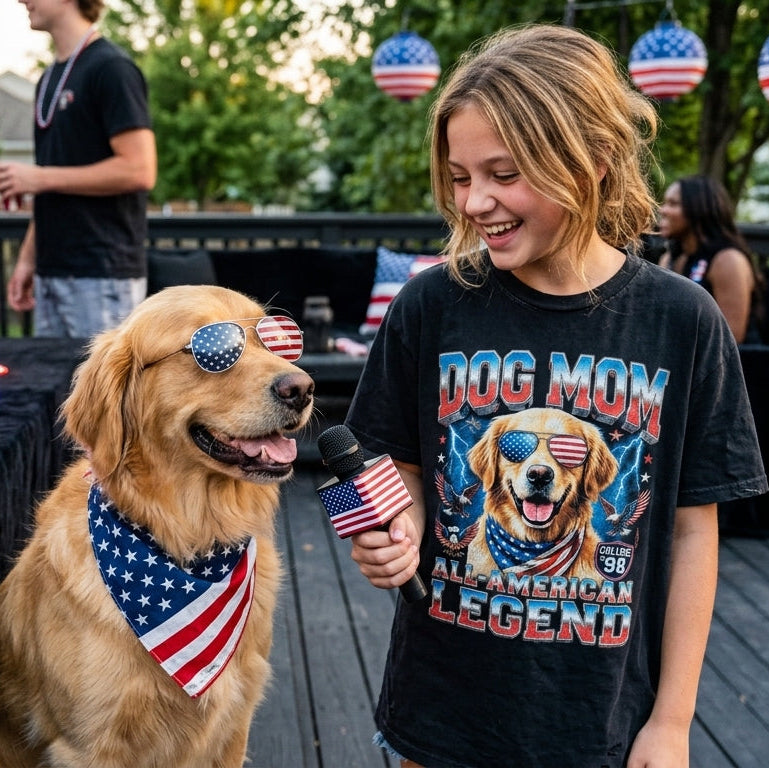 Woman with a dog wearing American flag accessories on a deck with people and decorations in the background.