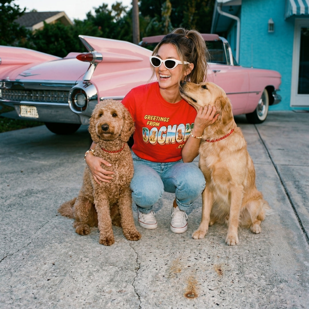 Greetings from DogMom.com - crouching with dogs