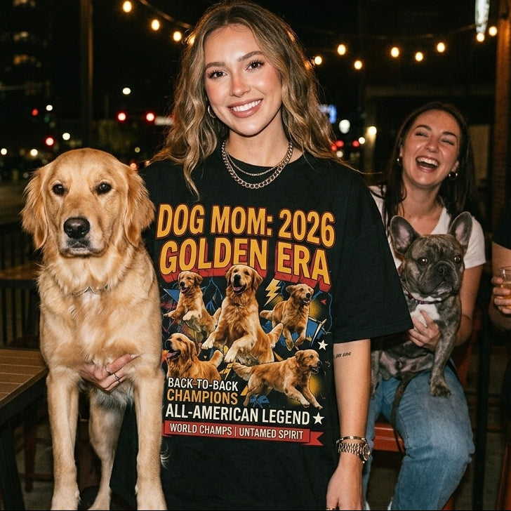 Woman with a dog wearing a 'Dog Mom' shirt at a bar with other people and dogs.