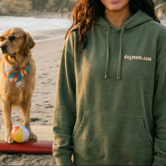 Woman in green hoodie standing on a beach with a dog on a surfboard.