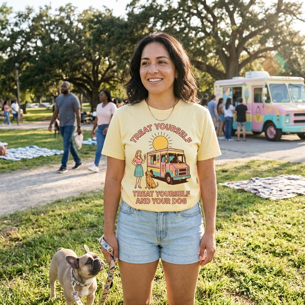 Treat Yourself & Your Dog Tee - Woman with french bulldog at park