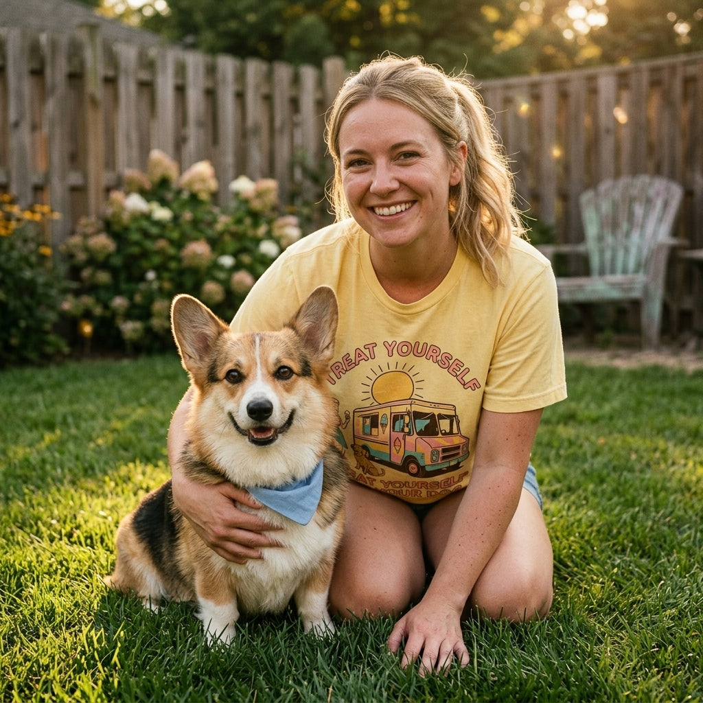 Treat Yourself & Your Dog Tee - Blonde woman with corgi in backyard