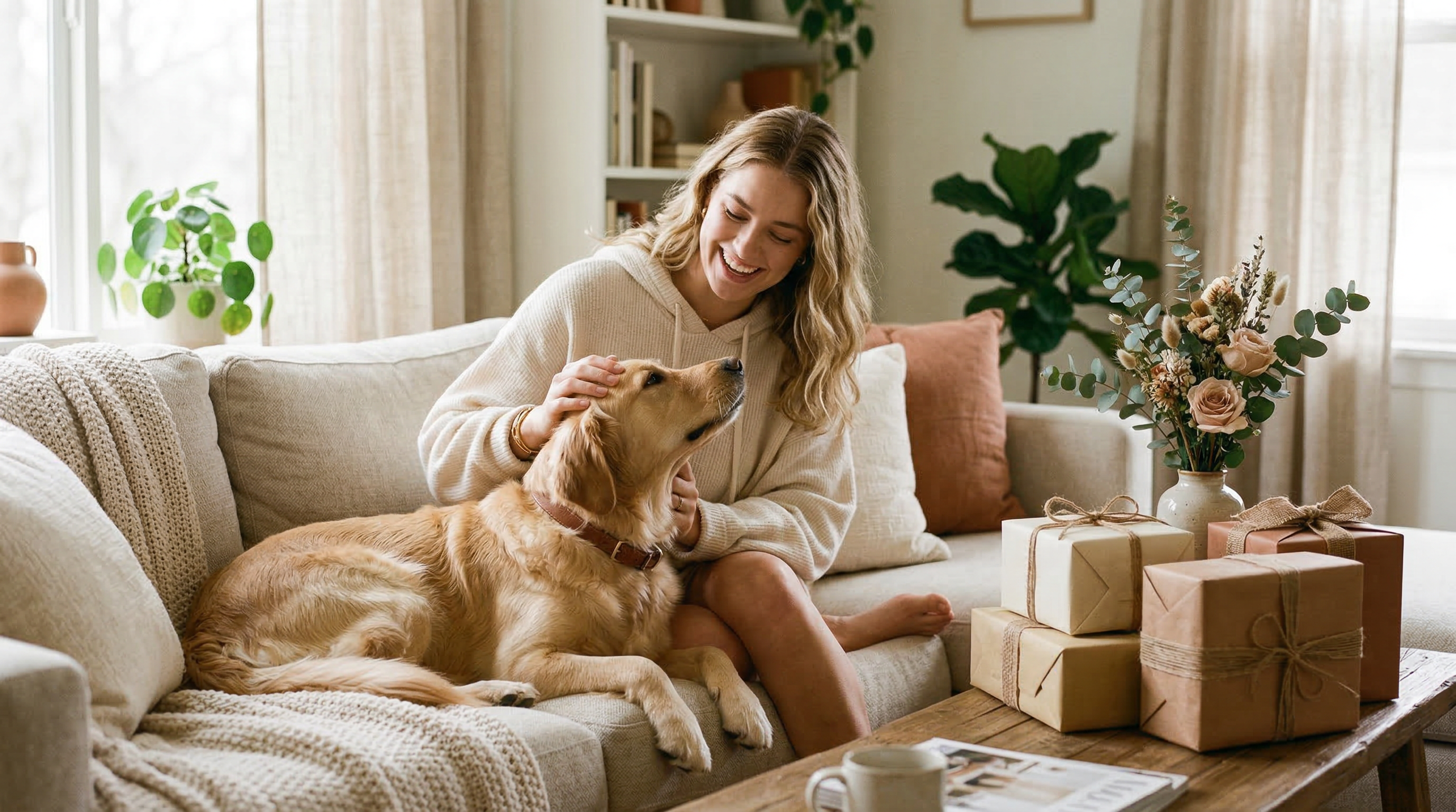 Best dog mom gifts for Mother's Day 2026 - woman with golden retriever and gift boxes on couch