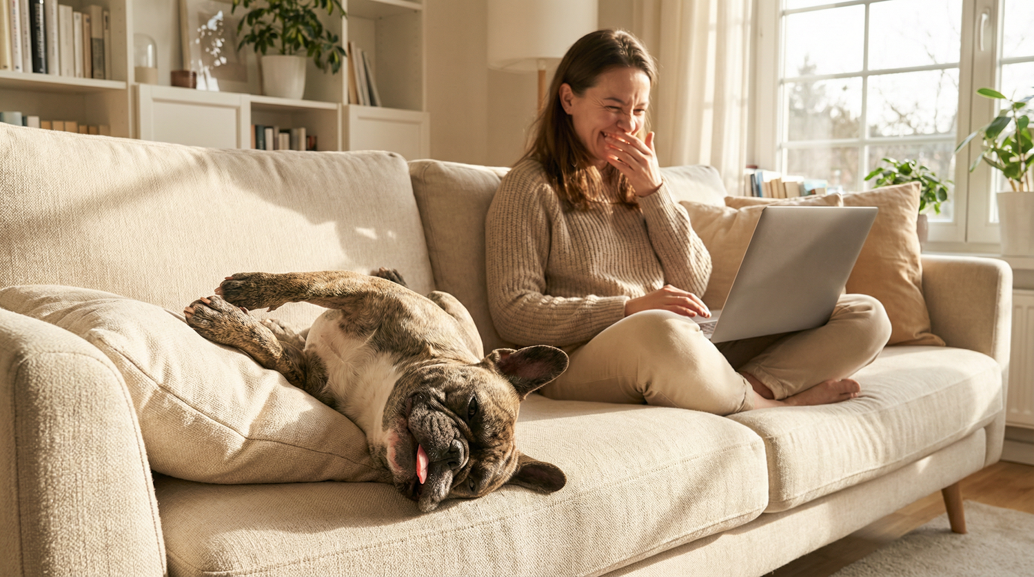 French bulldog sleeping upside down on couch while woman laughs