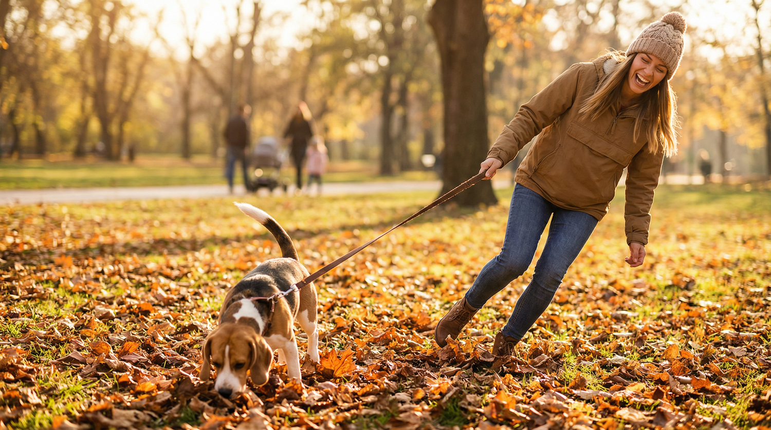 Beagle nose down following scent pulling owner through autumn leaves