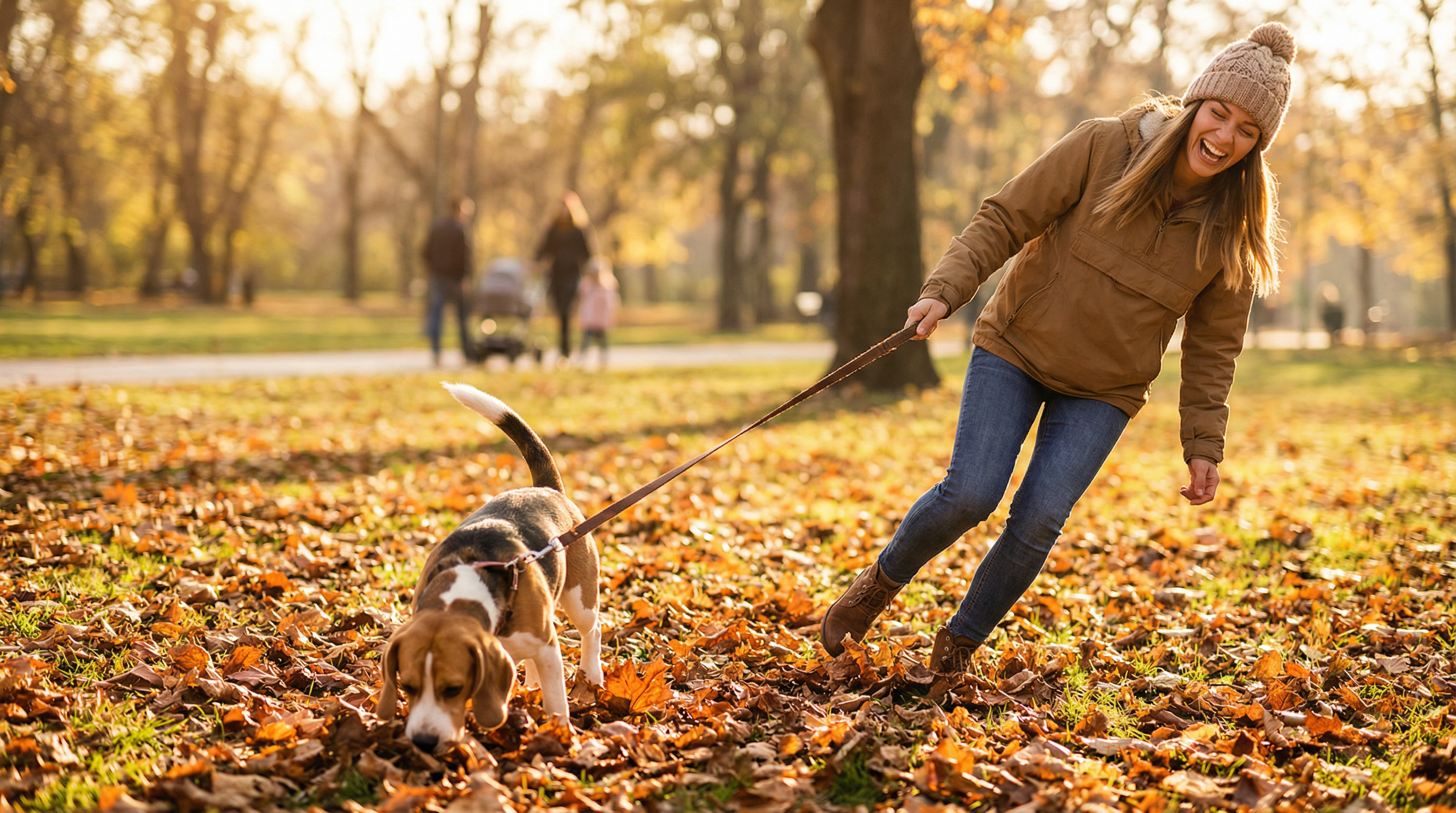 Beagle nose down following scent pulling owner through autumn leaves