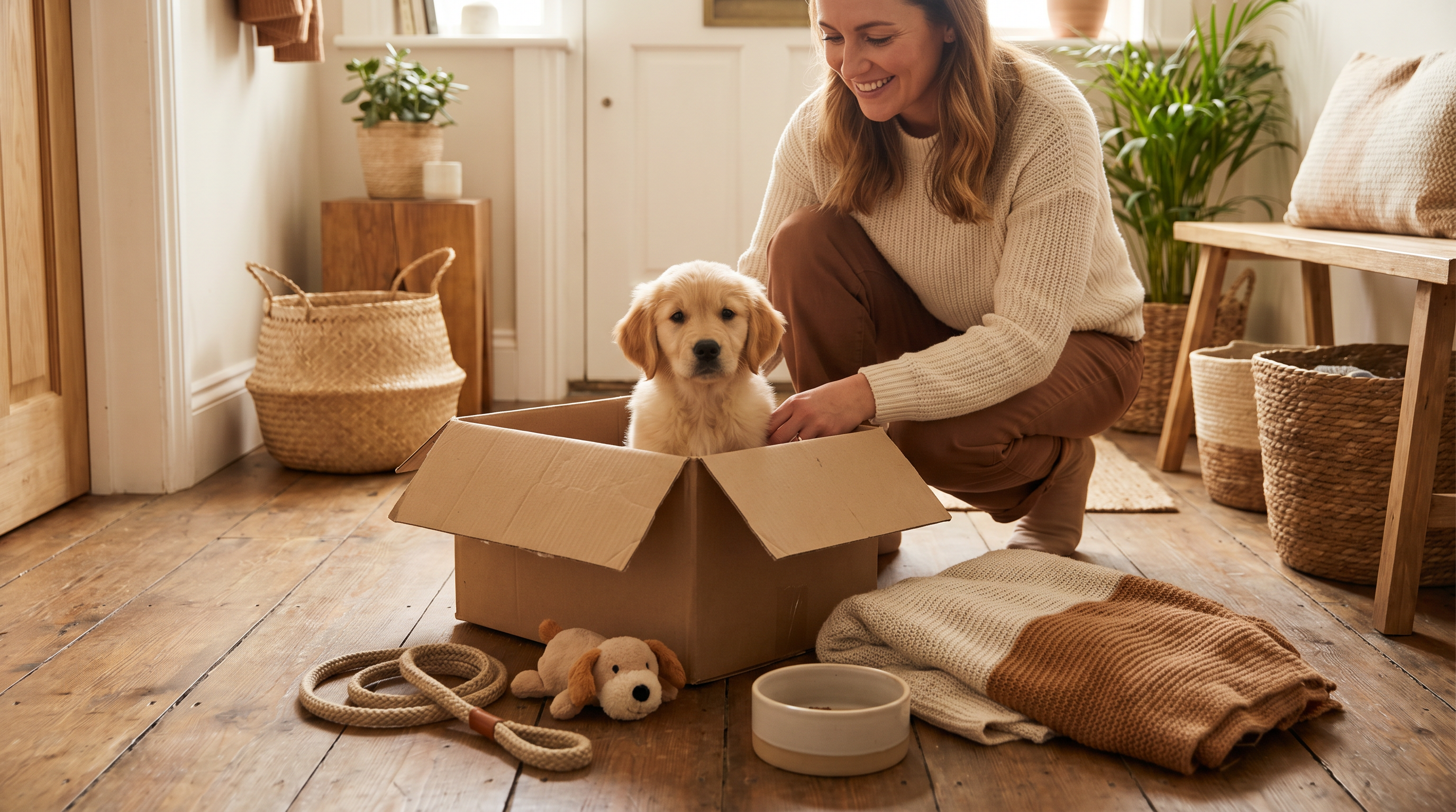Golden retriever puppy in a cardboard box with puppy supplies and new dog mom - new puppy checklist