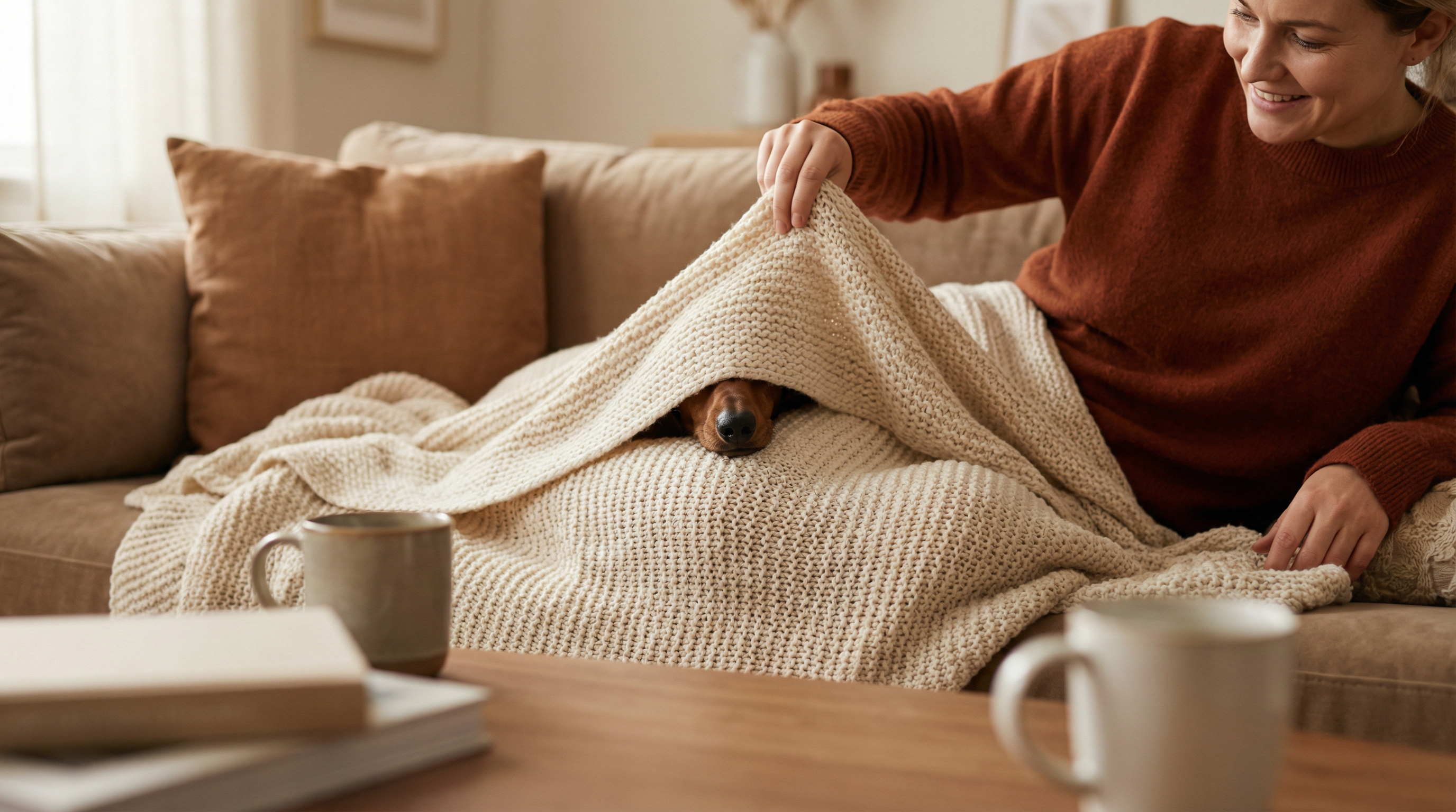 Dachshund burrowed under blanket with just nose poking out on couch