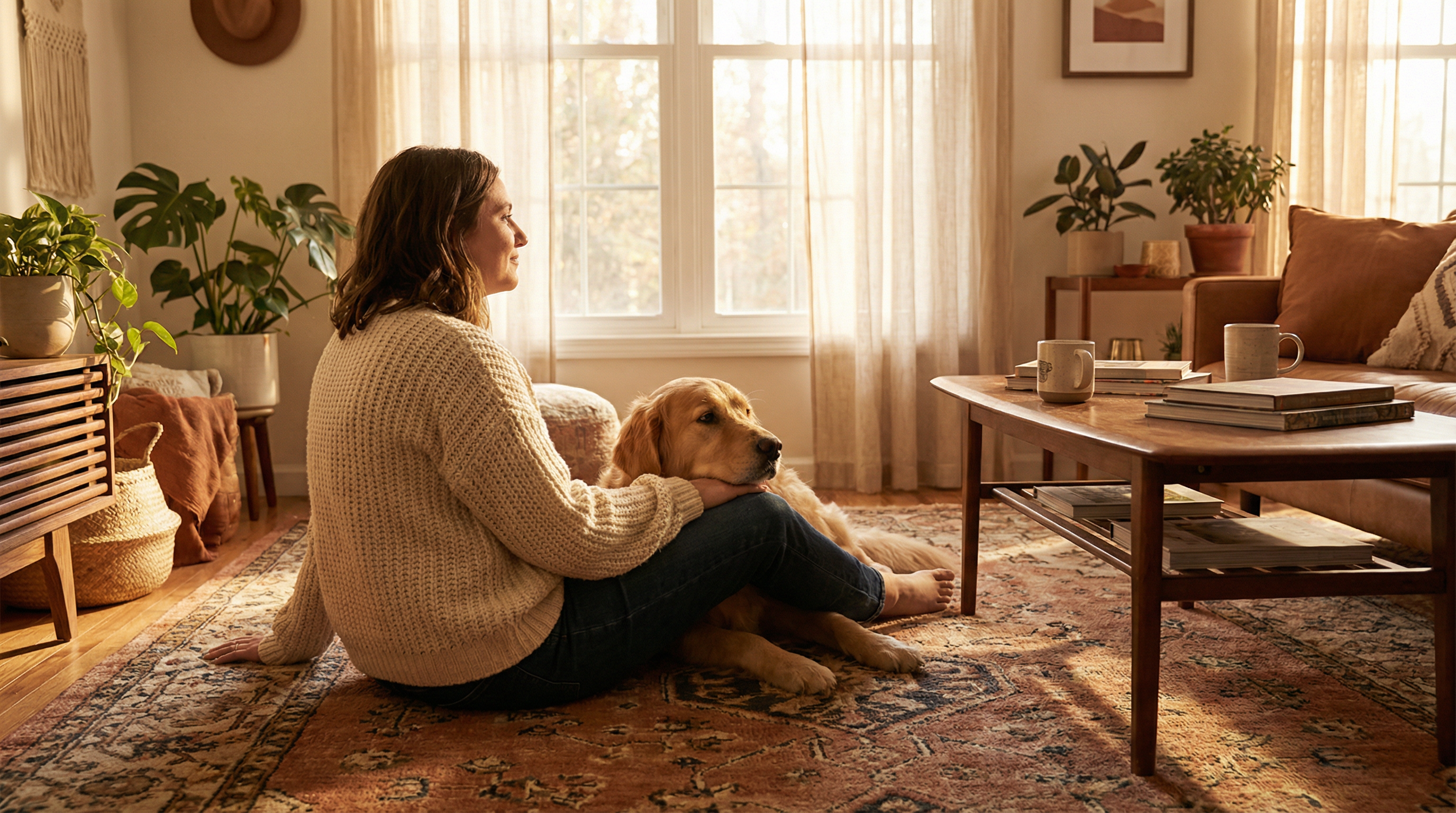 How to be a good dog mom - woman sitting with golden retriever on living room floor