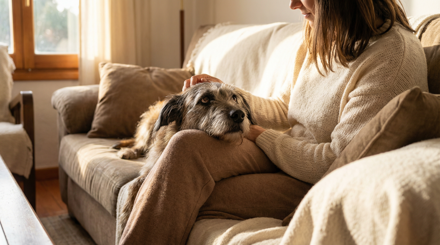 Rescue dog resting head on owners lap with grateful eyes - benefits of adopting a rescue dog