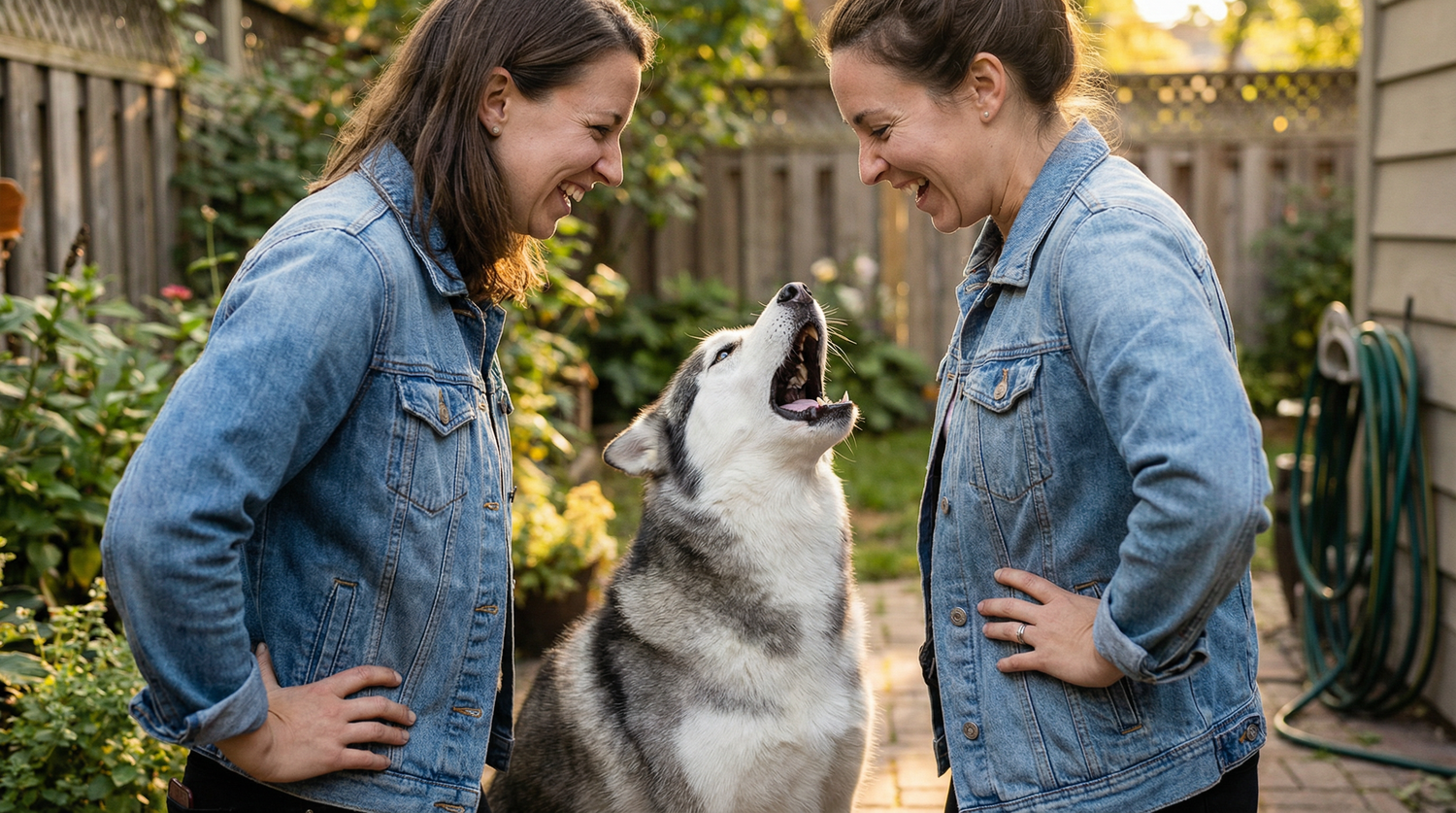 Husky howling dramatically in backyard while woman watches amused