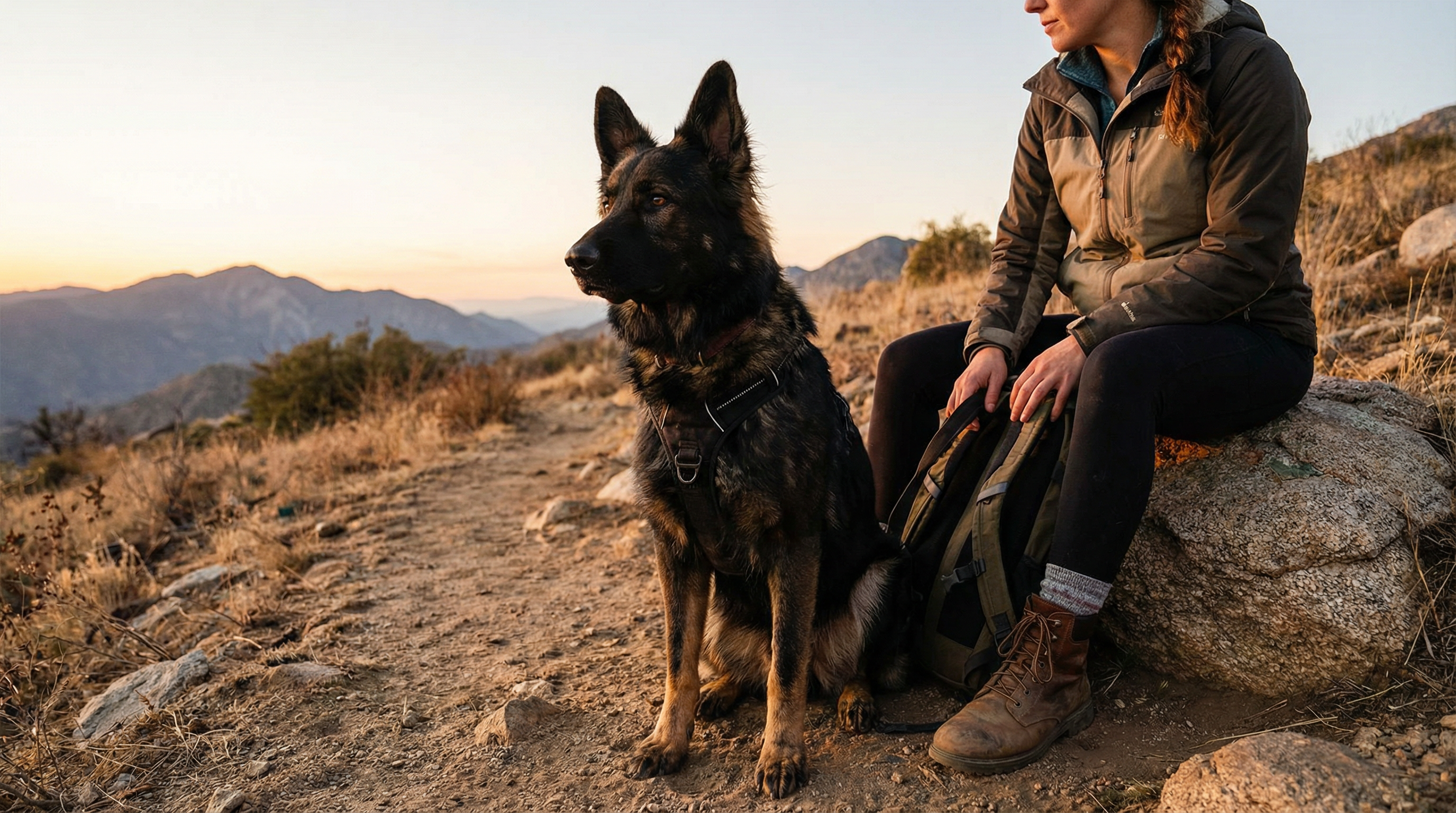 German shepherd on hiking trail at sunset with owner