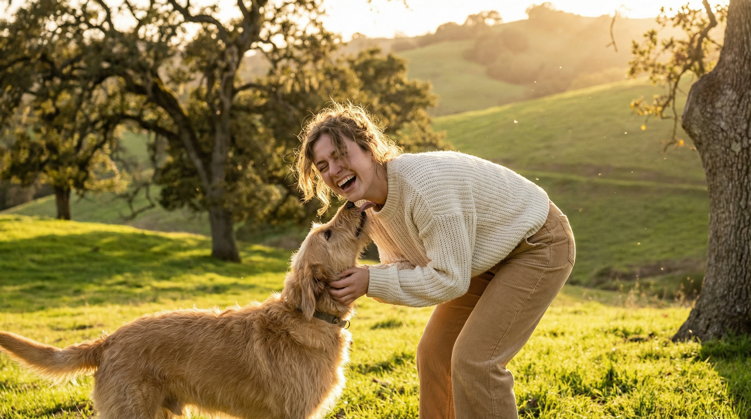 What is a dog mom - joyful woman with dog in golden hour park