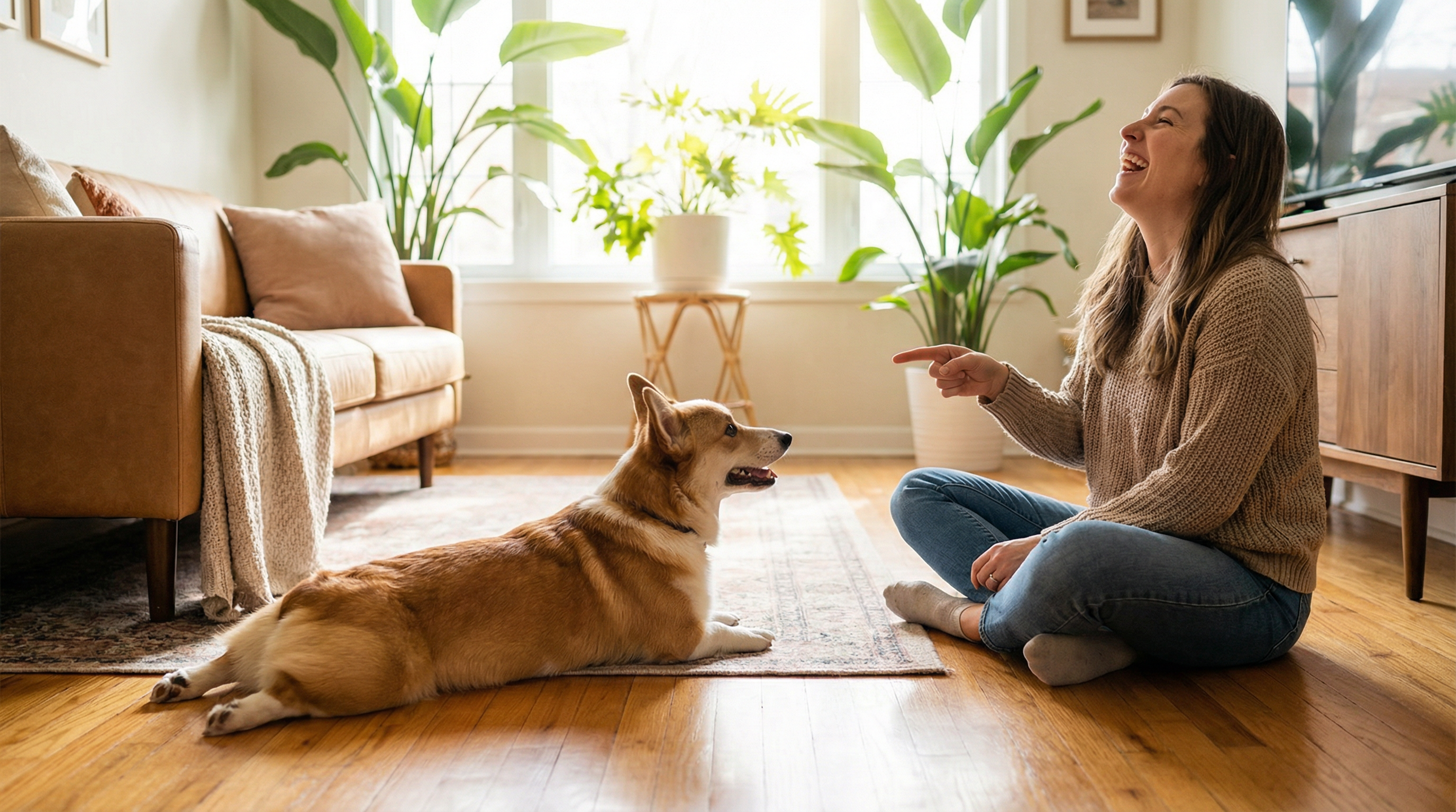 Corgi lying on floor with woman laughing in bright living room