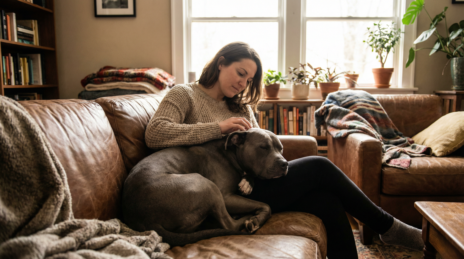 Grey pitbull cuddling in owners lap on leather couch