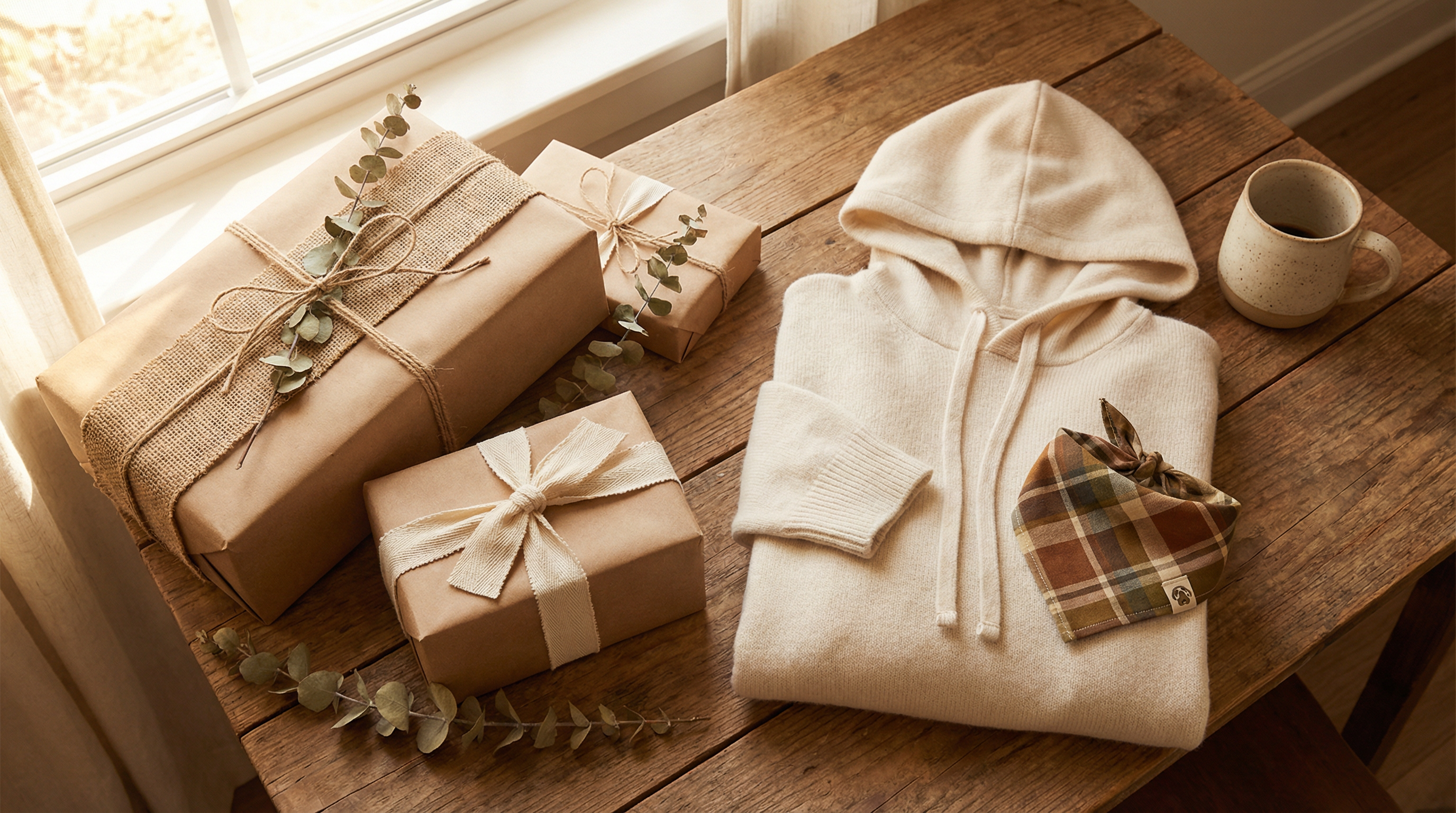 Dog mom gifts - wrapped presents with cream hoodie and dog bandana on wooden table