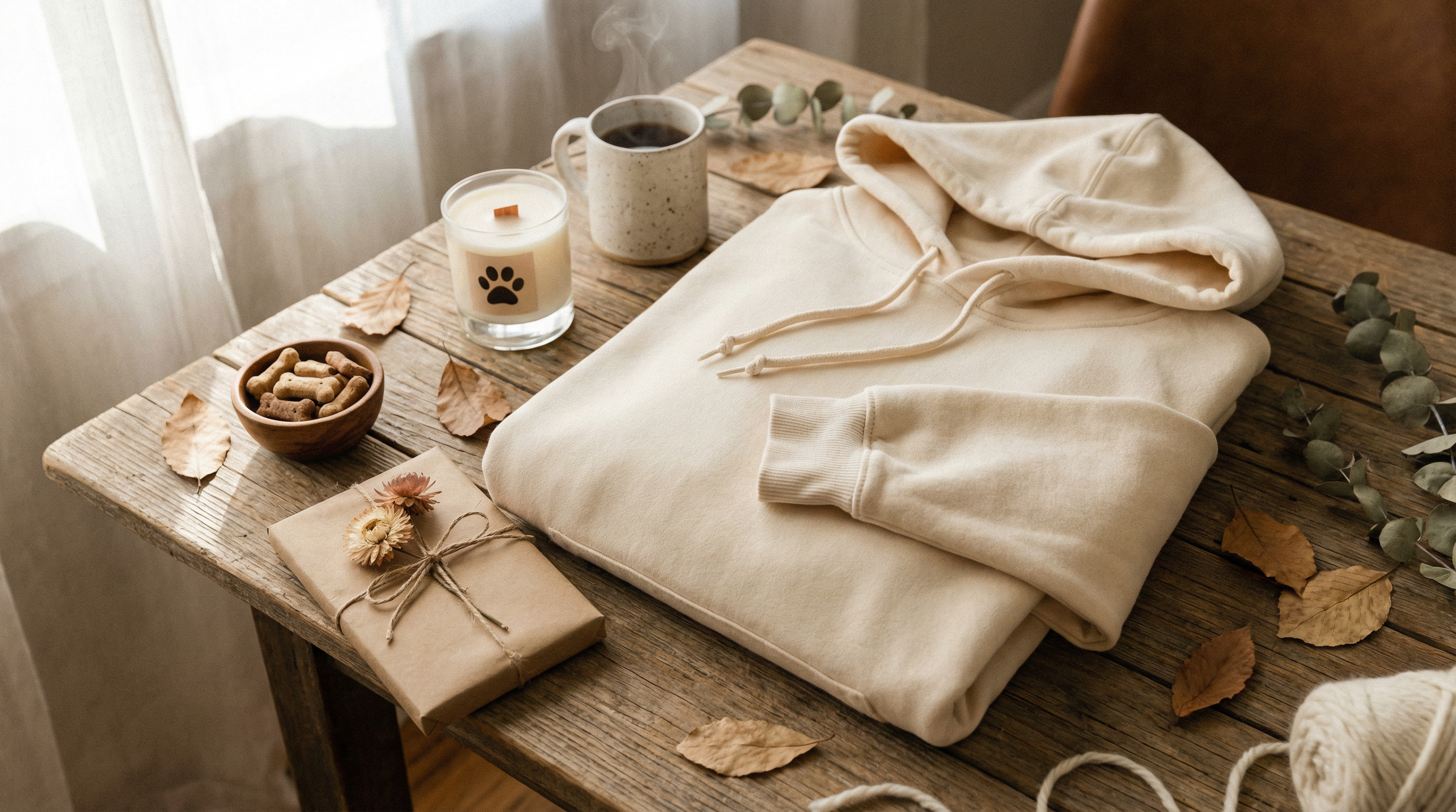 Dog mom gifts under 50 dollars - hoodie, candle, wrapped gift and dog treats on wooden table