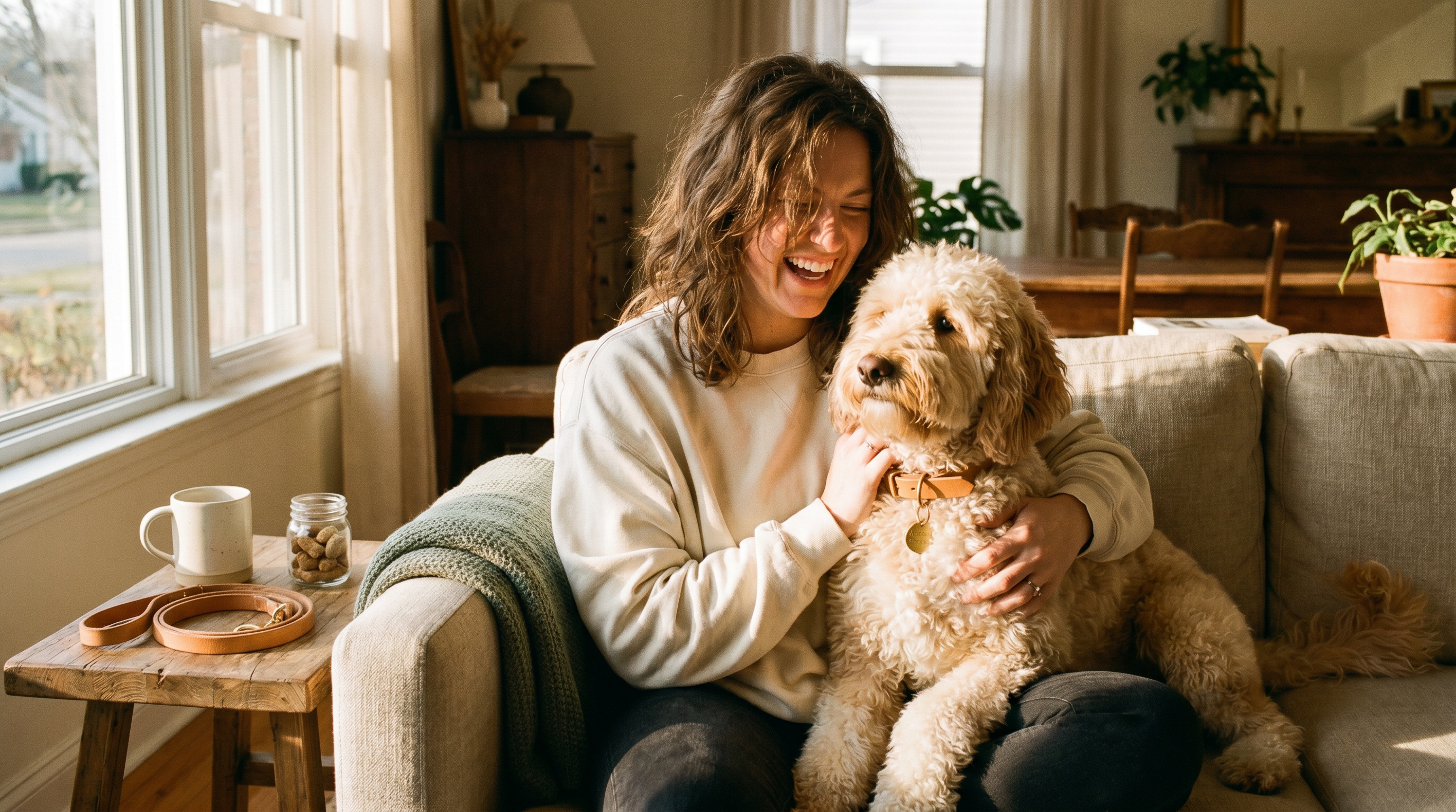 Woman laughing on a beige couch with her cream goldendoodle leaning into her lap in warm afternoon window light