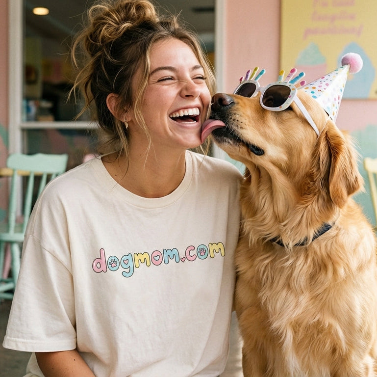 Woman wearing a 'dogmom.com' shirt with a dog in a birthday hat at an ice cream shop.