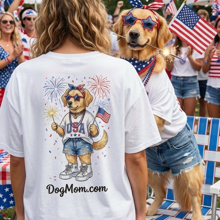 Woman wearing a 'DogMom.com' t-shirt with a dog graphic at a patriotic event.