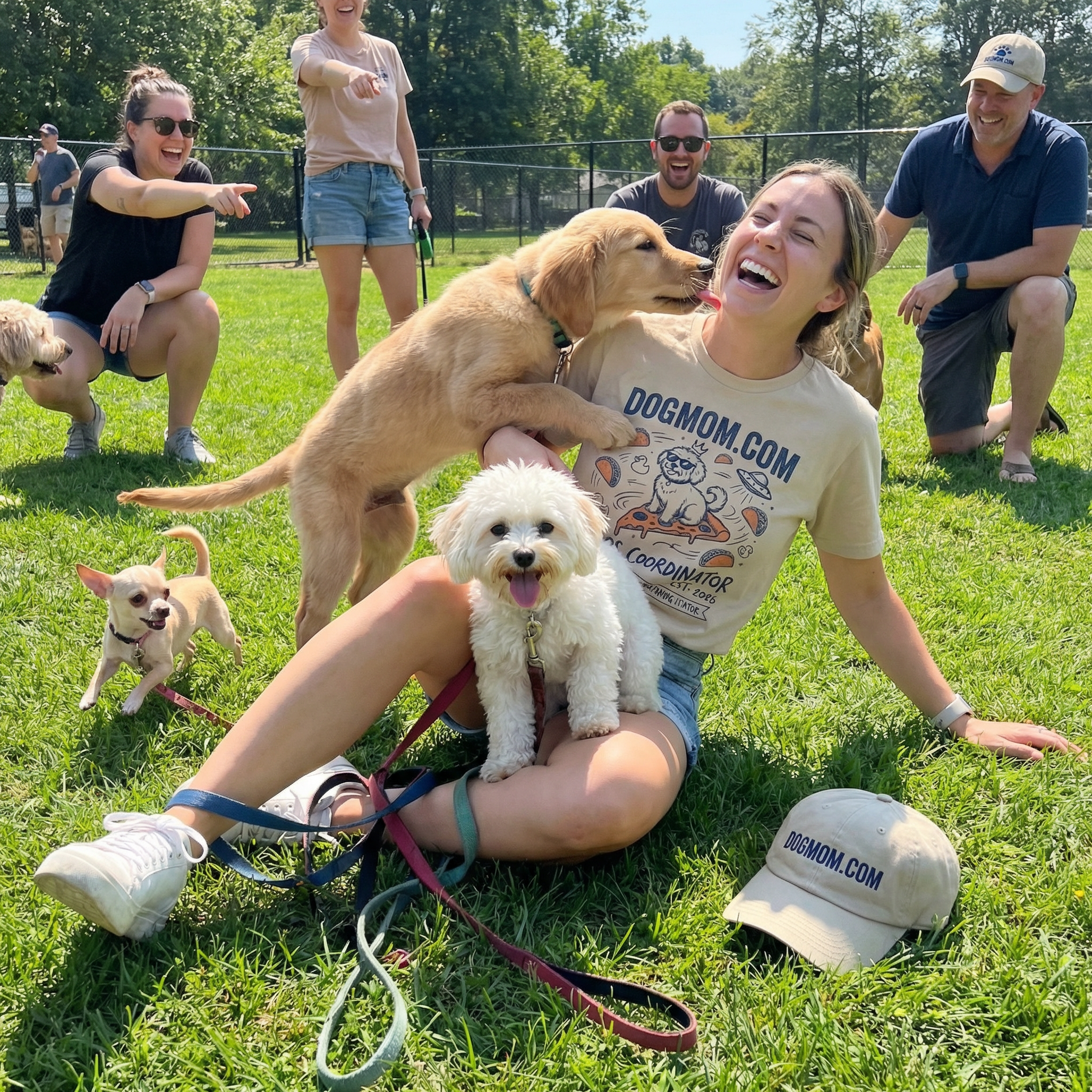 Dog mom at dog park covered in puppies wearing Chaos Coordinator tee everyone laughing