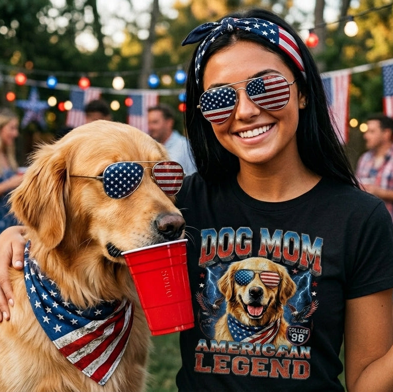 Woman and dog celebrating a patriotic event with red cups and American flags.