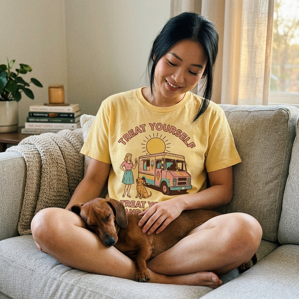 Treat Yourself & Your Dog Tee - Asian woman on couch with dachshund